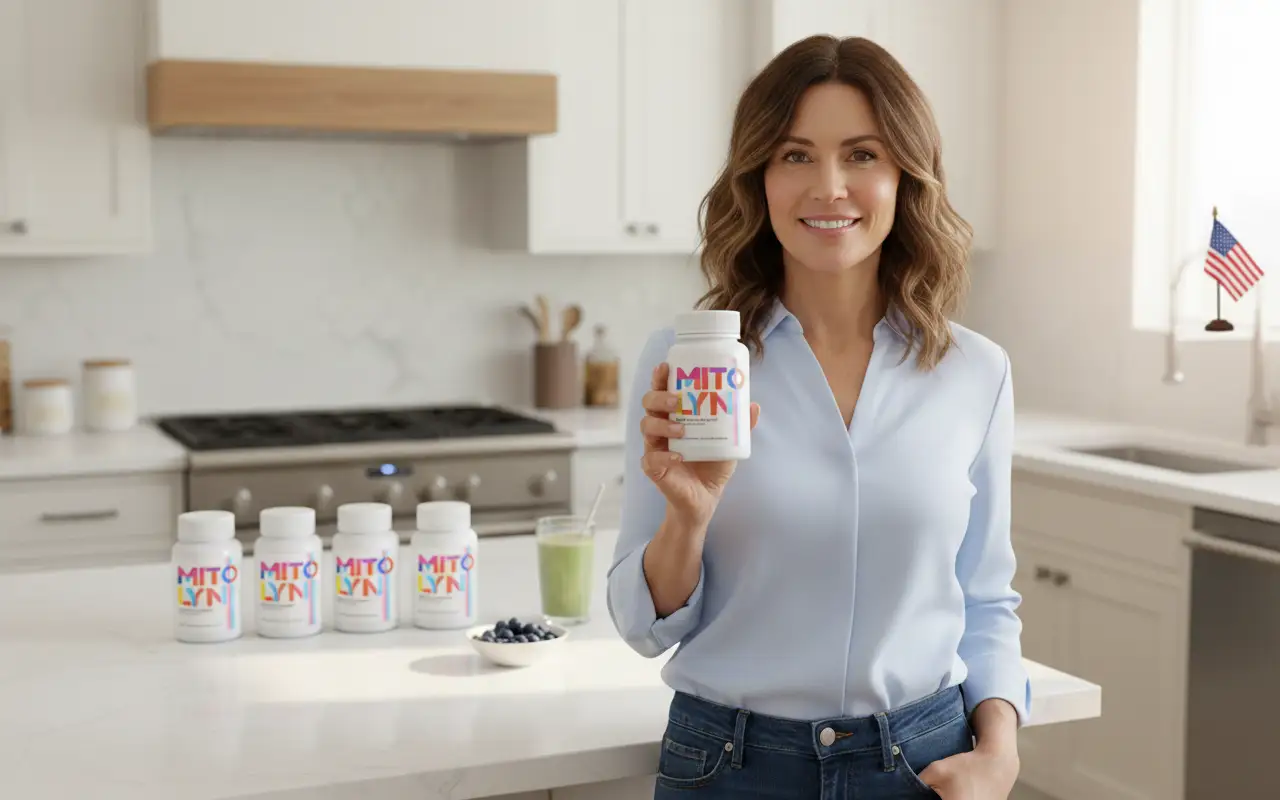 attractive woman in her early 40s with shoulder-length brown hair, standing in a modern, bright kitchen. She's holding one Mitolyni supplement bottl